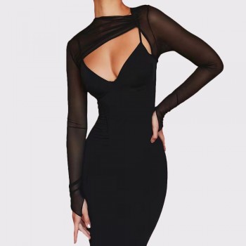 Mesh See-through Sleeve Integrated Stitching Dress Sexy Hollowed Padded Bodycon Bandage Corset Dress 